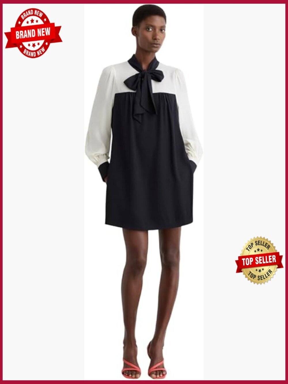 Sheer Sleeved Shift Dress with Self-Tie Neckline